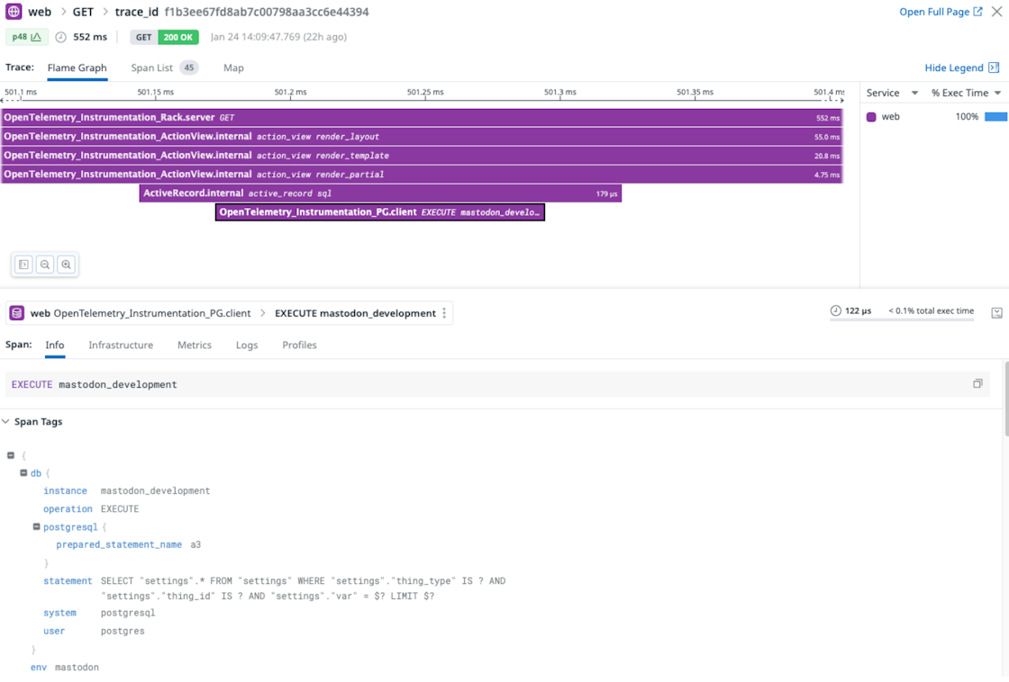 Trace view with initial spans from Mastodon